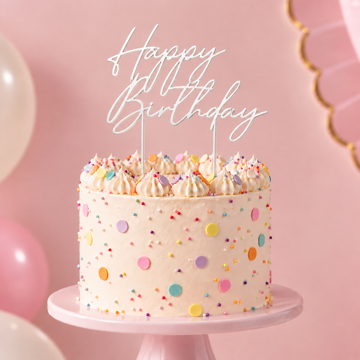 PEARL WHITE Metal Cake Topper - HAPPY BIRTHDAY 3