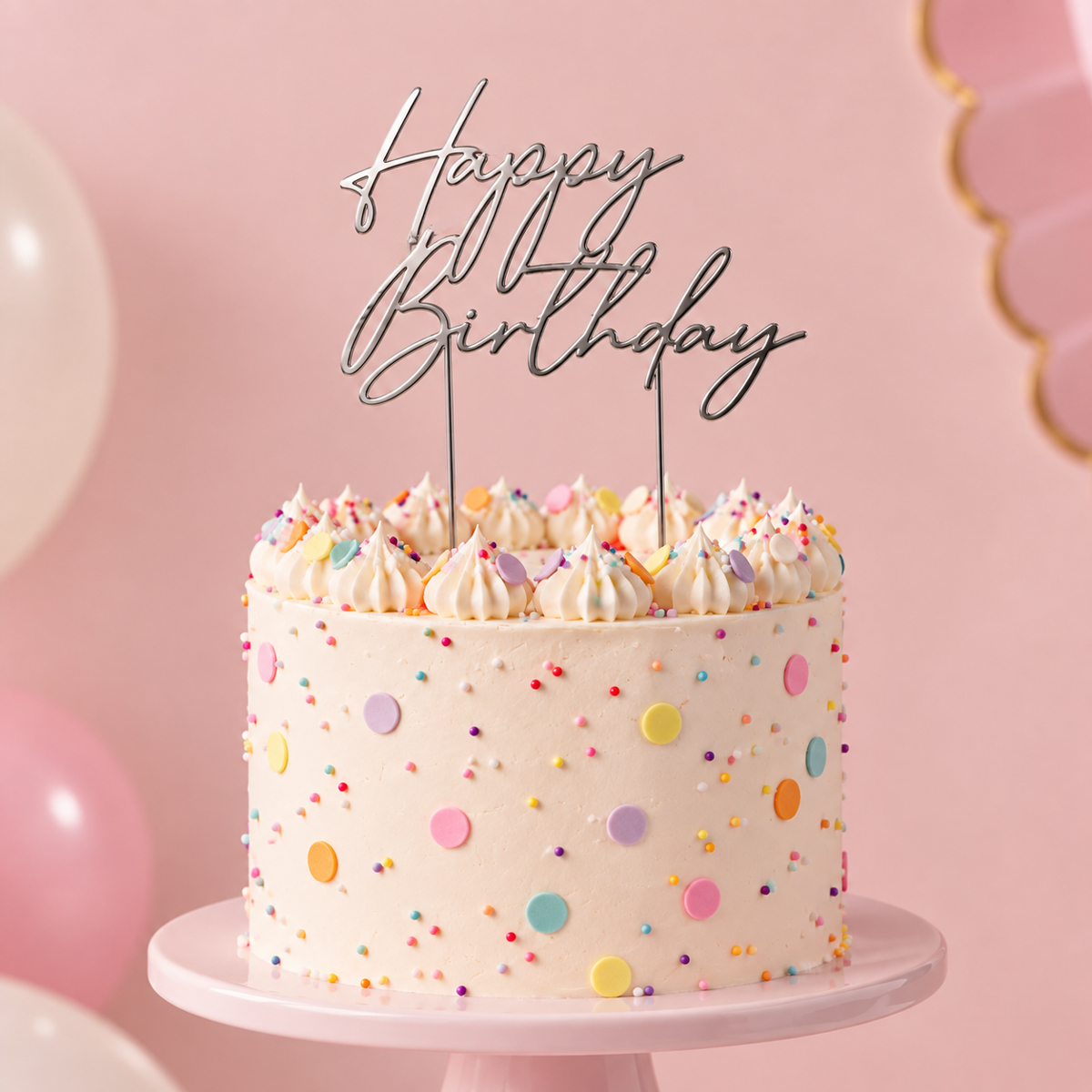 SILVER Metal Cake Topper - HAPPY BIRTHDAY 3