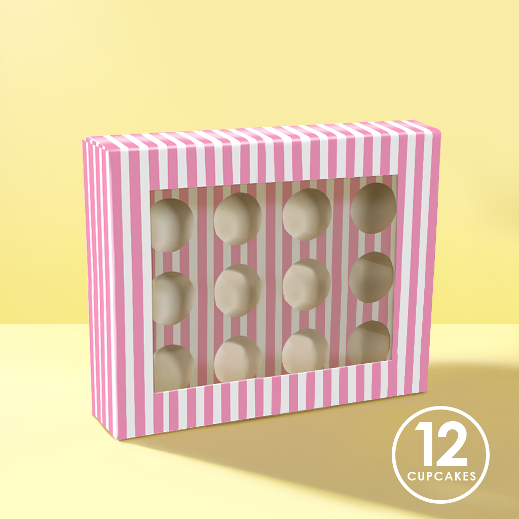 PINK & WHITE STRIPE Cupcake Box with PVC Window (holds 12 cupcakes)