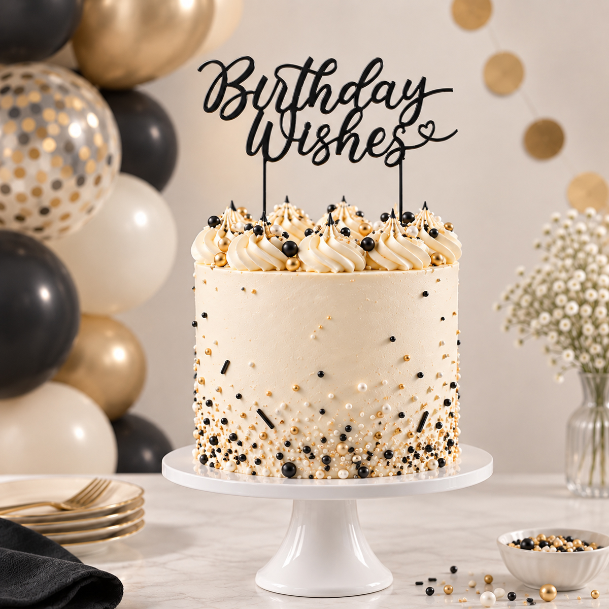 MATTE BLACK Metal Cake Topper - BIRTHDAY WISHES
