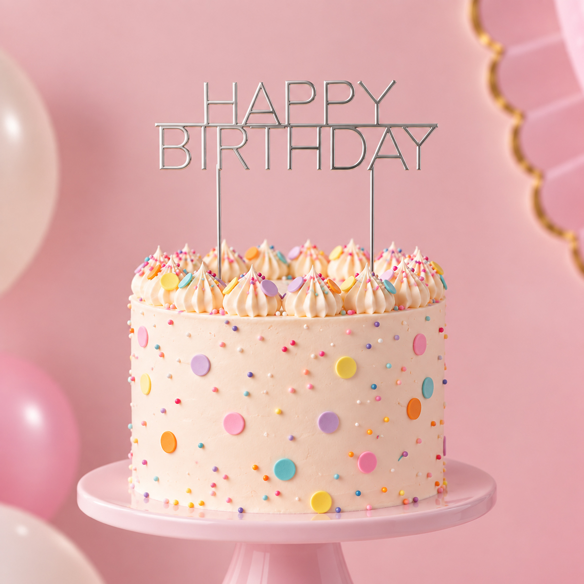 SILVER Metal Cake Topper - CAPS HAPPY BIRTHDAY