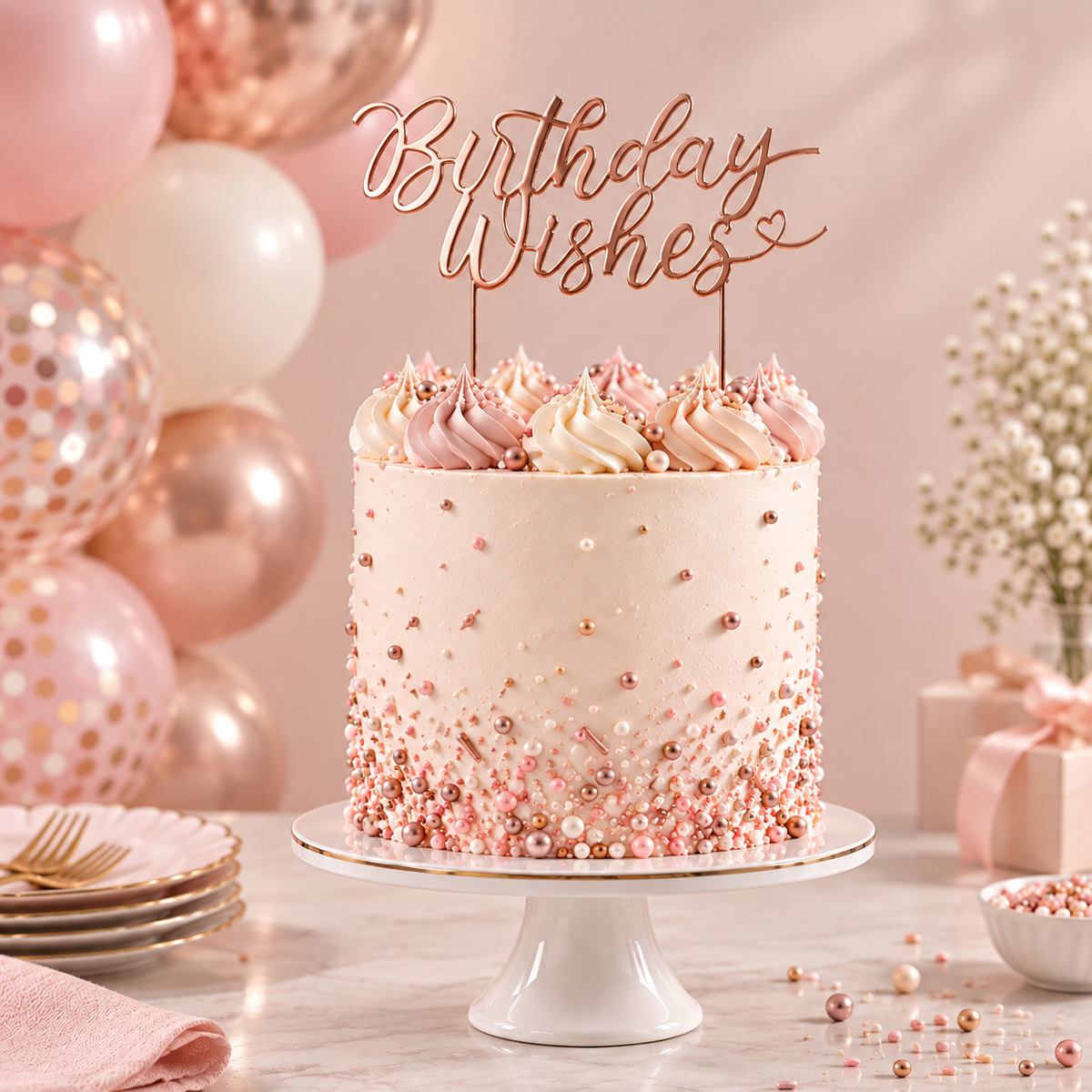 ROSE GOLD Metal Cake Topper - BIRTHDAY WISHES