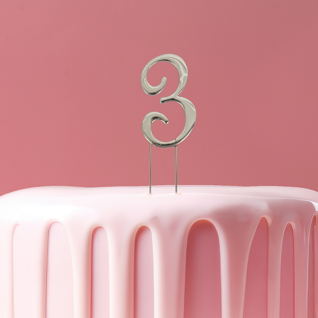 SILVER Cake Topper (7cm) - NUMBER 3