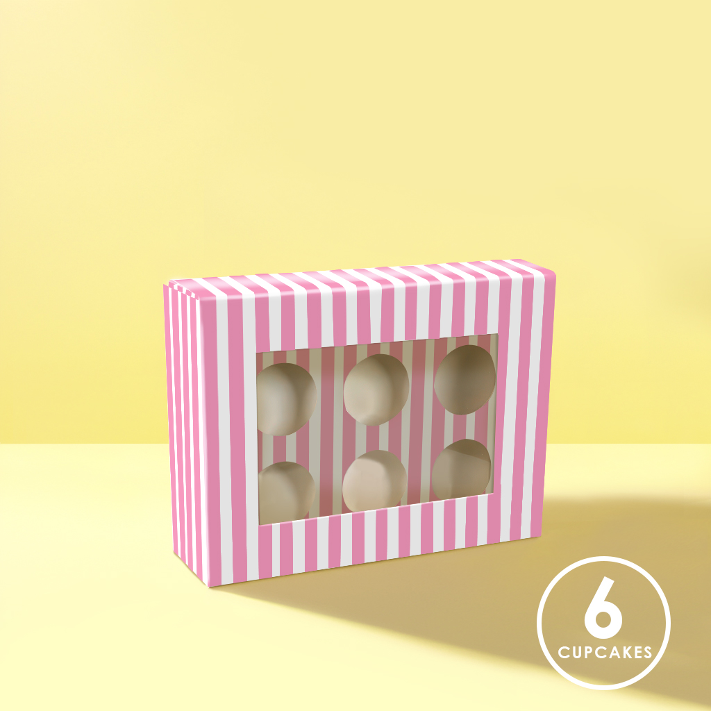 PINK & WHITE STRIPE Cupcake Box with PVC Window (holds 6 cupcakes)