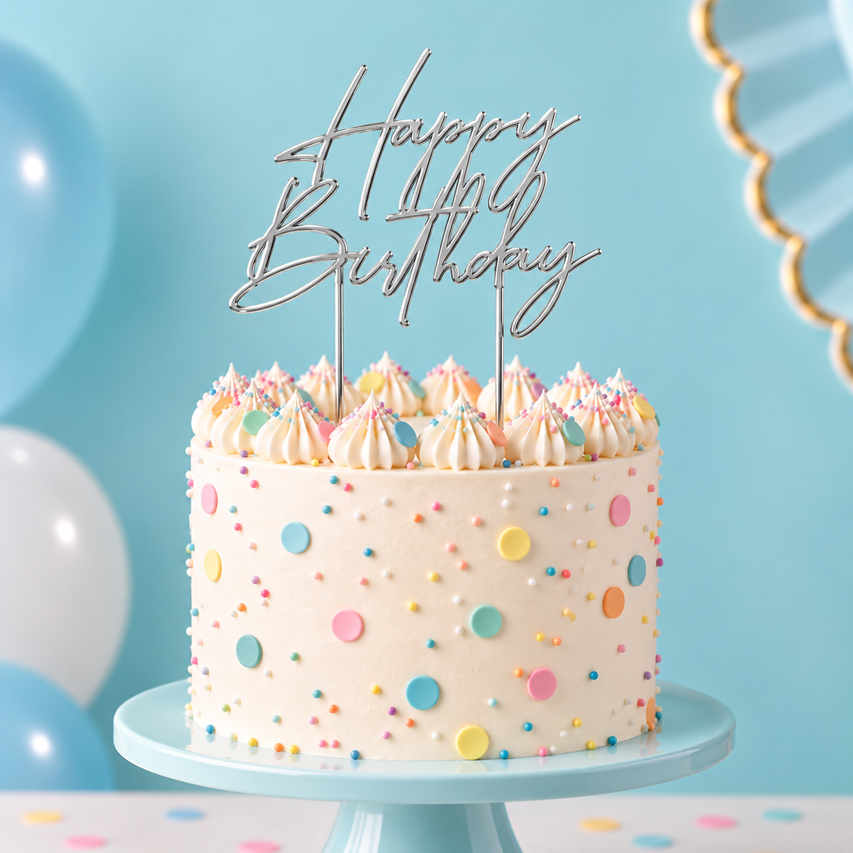 SILVER Metal Cake Topper - HAPPY BIRTHDAY 4