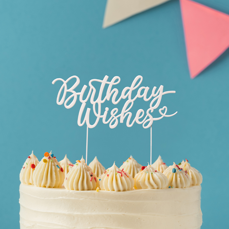 PEARL WHITE Metal Cake Topper - BIRTHDAY WISHES