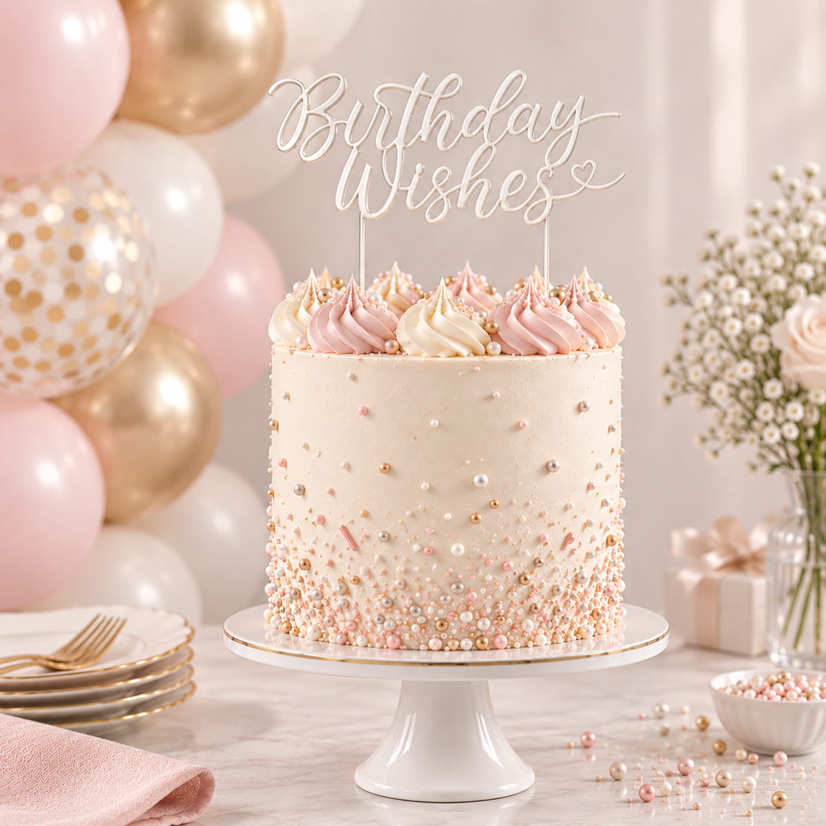 PEARL WHITE Metal Cake Topper - BIRTHDAY WISHES