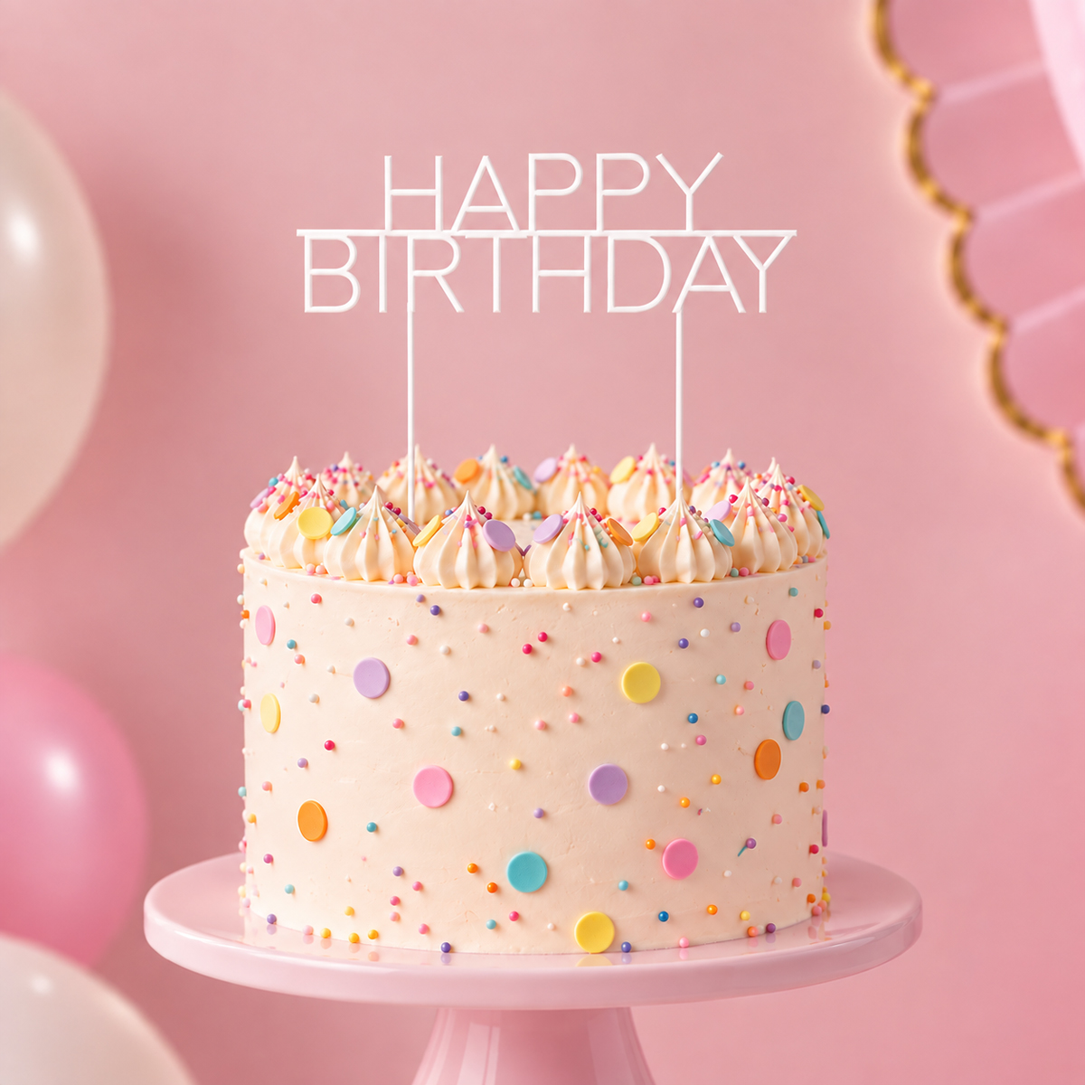 PEARL WHITE Metal Cake Topper - CAPS HAPPY BIRTHDAY