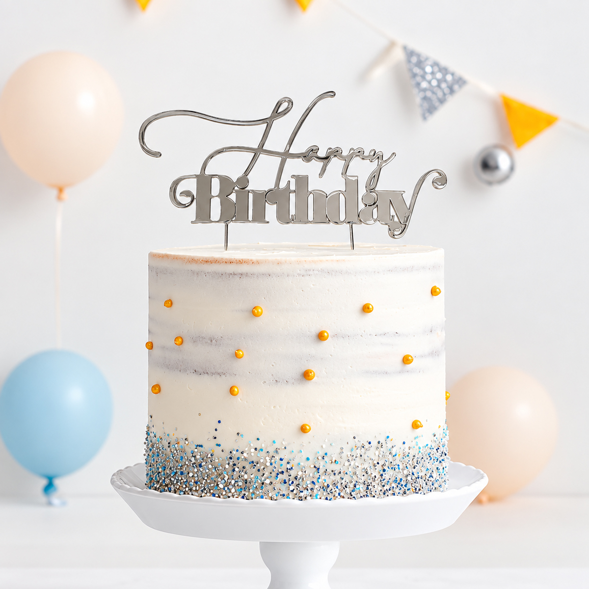 SILVER Metal Cake Topper - HAPPY BIRTHDAY 1