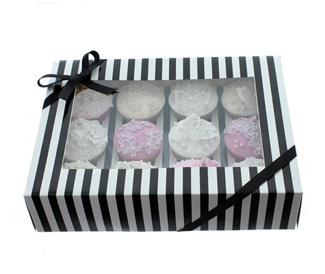 BLACK & WHITE STRIPE Cupcake Box with PVC Window (holds 12 cupcakes)