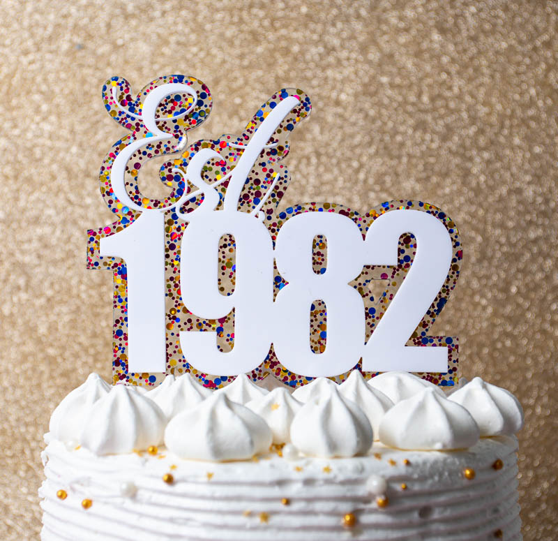 Layered Rainbow Glitter EST 1982 Cake Topper - 40th Birthday