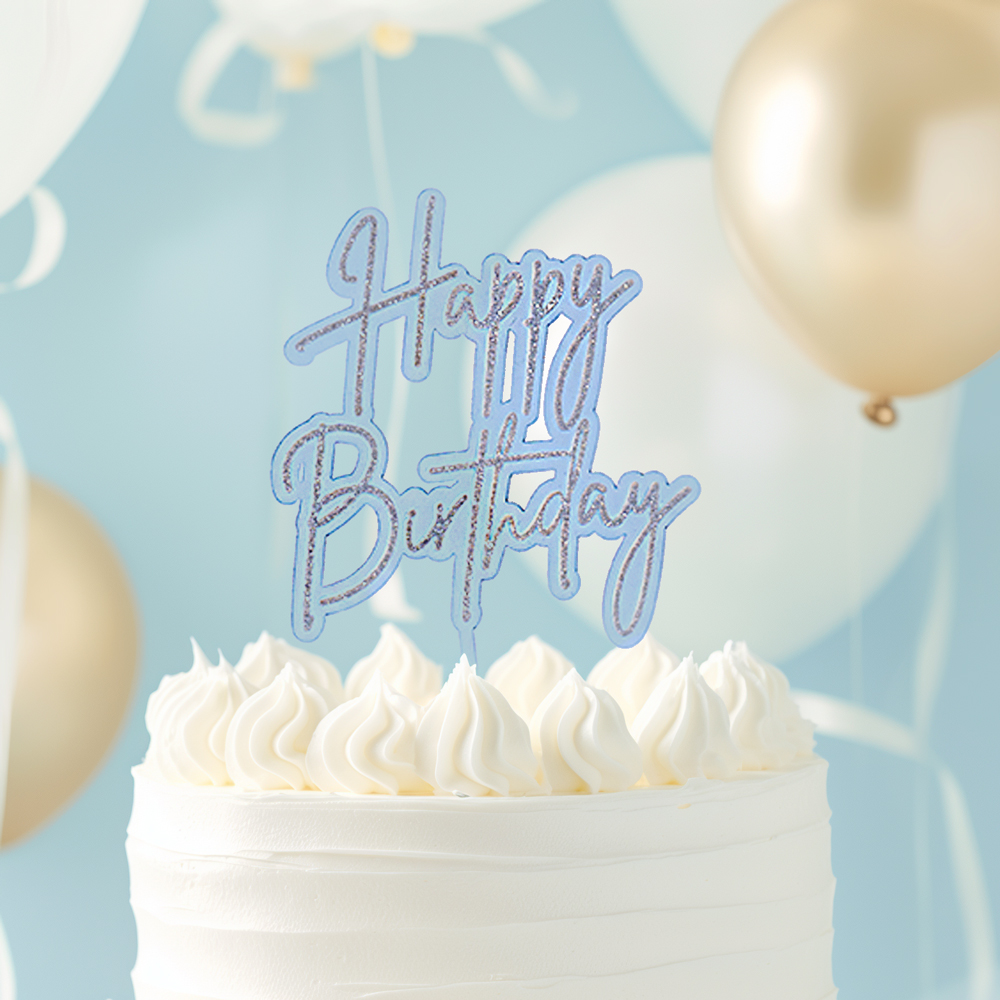 SILVER / LIGHT BLUE Layered Cake Topper - HAPPY BIRTHDAY