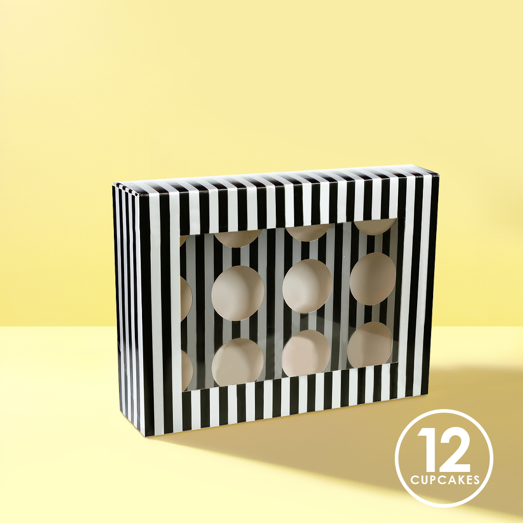 BLACK & WHITE STRIPE Cupcake Box with PVC Window (holds 12 cupcakes)
