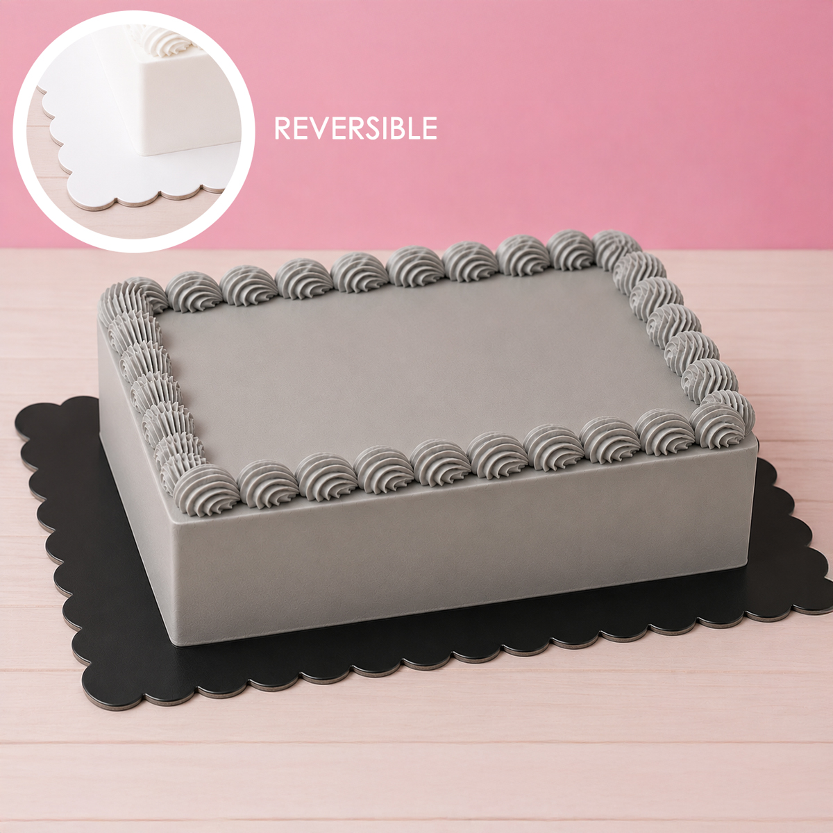 RECTANGLE Dual-Colour Scalloped Cake Board - WHITE & BLACK