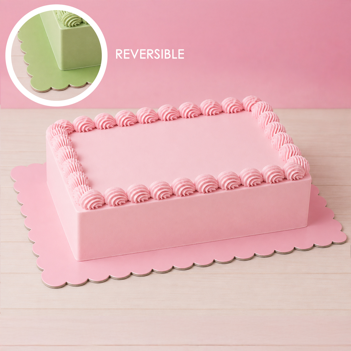 RECTANGLE Dual-Colour Scalloped Cake Board - PINK & GREEN