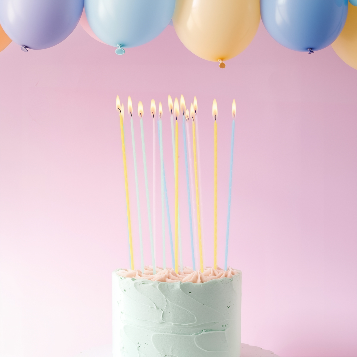 20cm FINE SPIRAL Cake Candles PASTEL RAINBOW (Pack of 16)