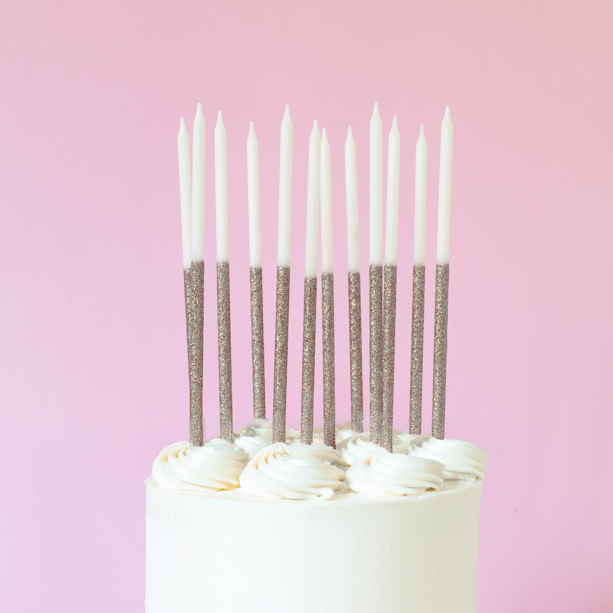 SILVER Glitter Dipped Cake Candles (Pack of 12)