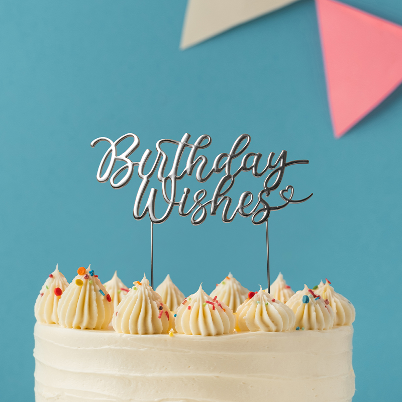 SILVER Metal Cake Topper - BIRTHDAY WISHES