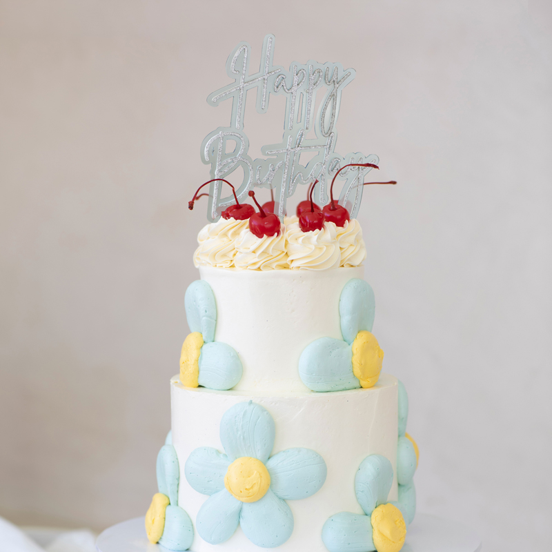 SILVER / LIGHT BLUE Layered Cake Topper - HAPPY BIRTHDAY