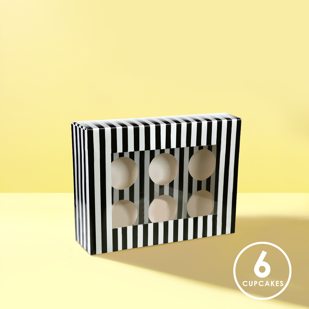 BLACK & WHITE STRIPE Cupcake Box with PVC Window (holds 6 cupcakes)